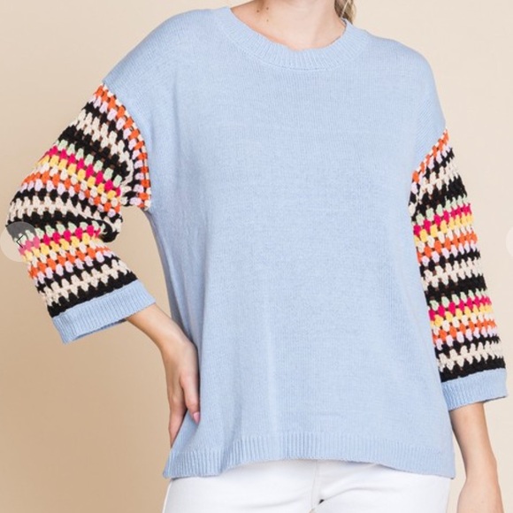 JODIFL Sweaters - JODIFL Blue Sweater with Colorful Crochet Sleeves